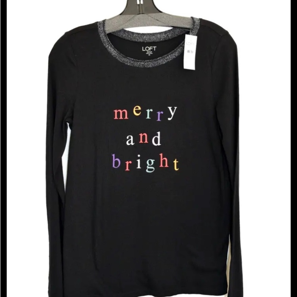 NWT LOFT Black W/Christmas Merry and Bright Graphic Long Sleeve Tee  Sz …